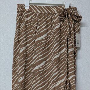 A NEW DAY Brown Zebra Animal Patterned Print Faux Wrap Bow Midi Skirt - Large